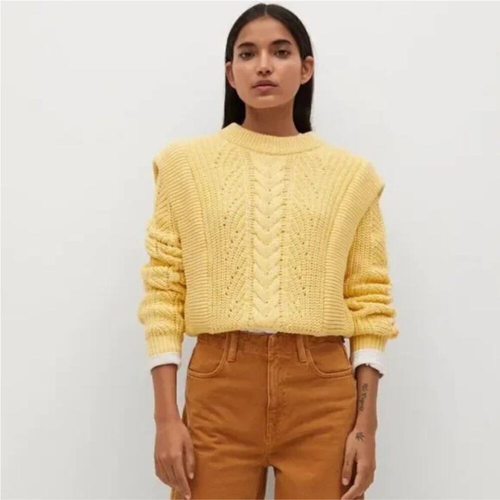Mango Cable Knit Cotton Sweater in Pastel Yellow Size Medium